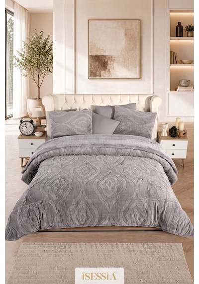 Isessia Lina Çift Kişilik Jakarlı Wellsoft Uyku Seti Çift Taraflı 230x250 Cm Çantalı Antrasit