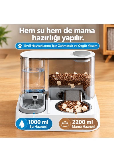 Monozone 2'si1 Arada Otomatik Kedi Su Sebili Çelik Hazneli Mama Kabı Kedi Köpek Mama Su Saklama Kabı