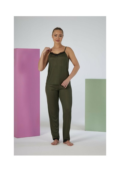 Estiva Kadın İp Askılı Likra Viskon Yazlık Pijama Takımı Haki