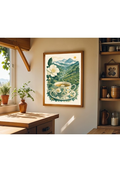 Yeşil Çay Fincanı Sanat Baskısı Dağ Tarlası Natürmort Posteri Çiçekli Çay Fincanı Duvar Dekoru