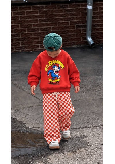Go Bananas Baskılı Sweatshirt Muz Desenli Eşofman Kız & Erkek Çocuk 3ip Alt Üst Takım Kırmızı Go Bananas Baskılı Sweatshirt Muz Desenli Eşofman Kız & Erkek Çocuk 3ip Alt Üst Takım Kırmızı