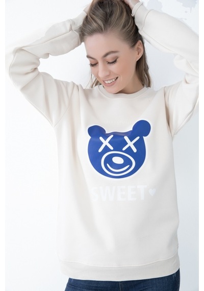Kadın Bej Renk Baskılı Kapşonsuz Sweatshirt Bej