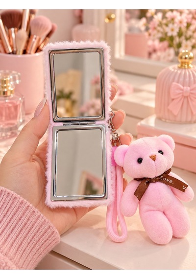 Peluş Fiyonk Detaylı Cep Aynası Anahtarlık Ve Peluş Ayıcık Set Kawaii Çanta Charmı Makyaj Aynası-p Çok Renkli