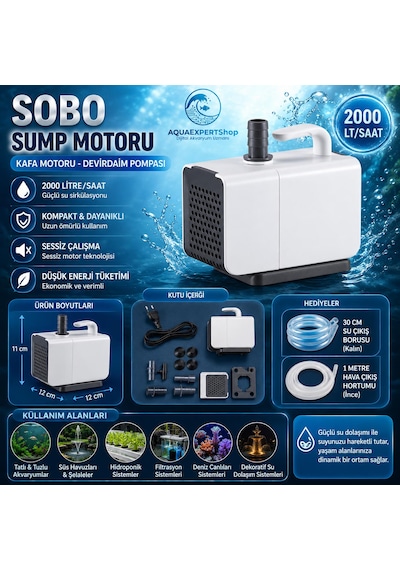 Sobo Sump Motoru - Kafa Motoru - Devirdaim Pompası - 2000 Lt/saat - 30 Cm Su Çıkış Borusu - 1 Metre Hava Hortumu Hediye