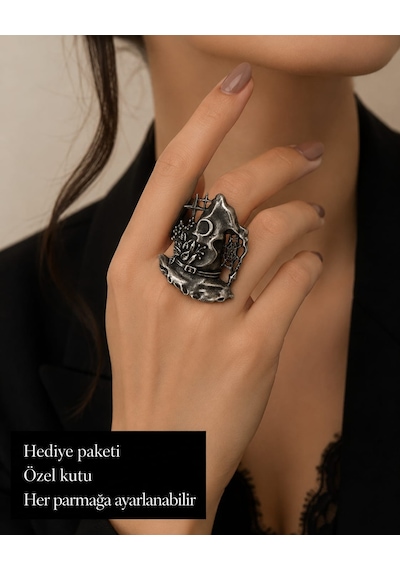 Gotik Perili Ev, Hilal Ay Ve Örümcek Ağı Figürlü Antik Gümüş Renk Ayarlanabilir Kadın Yüzüğü Gümüş - Gri