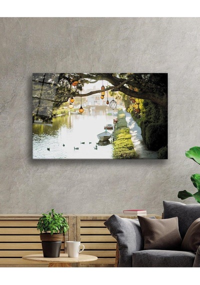 Ağaç Irmak Manzara Cam Tablo 4mm Dayanıklı Temperli Cam Tree River Landscape Glass Wall Art