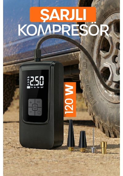 150psi Şarjlı Araç Oto Kompresörü Powerbank Led Işıklı Lastik Top Yatay Şişirme Pompası 6000mah 9624