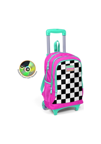 Coral High Kids Neon Pembe Dama Desenli Üç Bölmeli Işıklı Tekerlekli Çekçekli Okul Sırt Çantası 23901