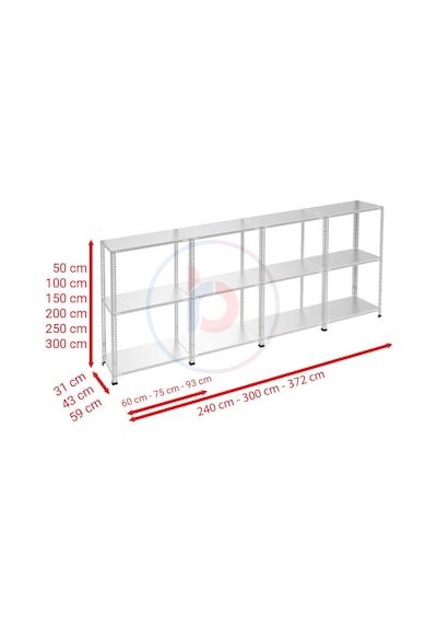 Raf Burada  3 Katlı 4'lü Galvaniz Çelik Raf - Depo, Arşiv, Kiler, Dosya, Market Rafı-31x93 cm-50 cm-0.70 mm