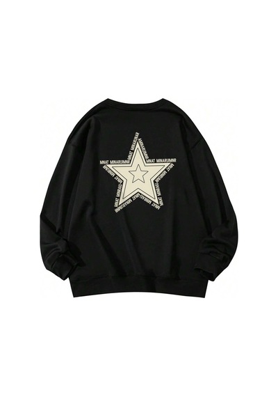 Star Pattern Drop Shoulder Oversized Pullover Siyah Siyah