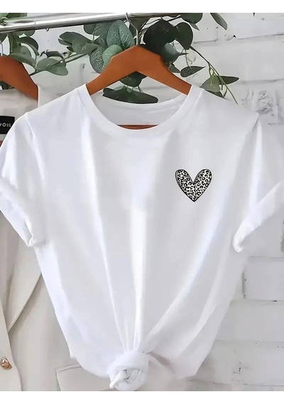 Freedom Storee Kadın Kalp Baskılı T-shirt Kısa Kol Bisiklet Yaka Oversize Rahat Kalıp Günlük Tişört - Beyaz Çok Renkli