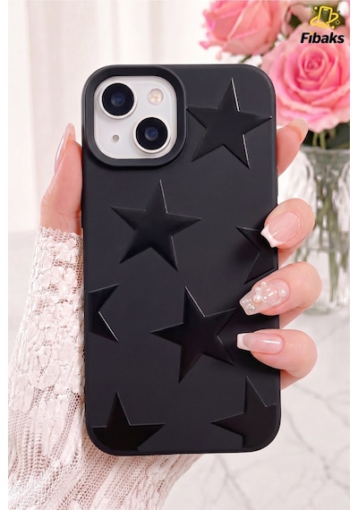 Fibaks iPhone 13/14/15 Uyumlu Kılıf Siyah Yıldız Star Desenli Silikon Darbe Emici Klasik Silikon Kapak
