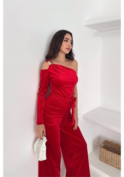 Neşeli Butik Kadın Kırmızı Kuşaklı Tek Omuz Kadife Kumaş Tulum Nbk068 Kırmızı