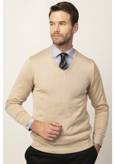 Tudors Slim Fit Dar Kesim V Yaka Pamuklu Erkek Kazak-25876 Taş Tudors Slim Fit Dar Kesim V Yaka Pamuklu Erkek Kazak-25876 Taş