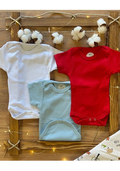 Betül Bebek Kısa Kollu 3'lü Organik Pamuk Çıtçıtlı Bebek Body&zıbın Kırmızı,mavi,beyaz Çok Renkli