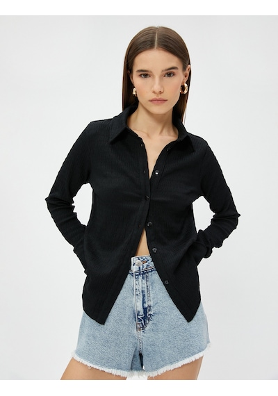 Koton Slim Fit Gömlek Uzun Kollu Bürümcük Kumaş Siyah 3sak60013ek