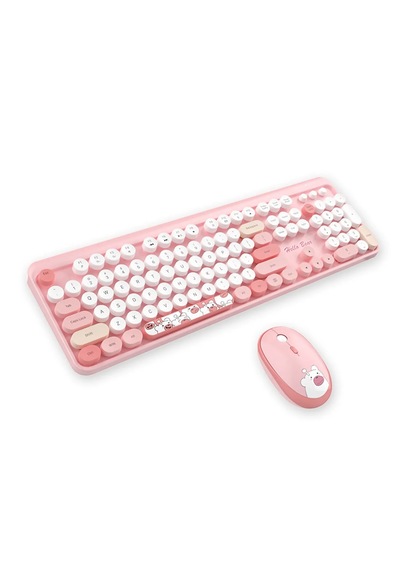 Geezer Hello Bear Kablosuz Klavye Mouse Seti 2.4g Sevimli Ayıcık Desenli Yuvarlak Tuşlu 104 Tuş Renkli Set Optik