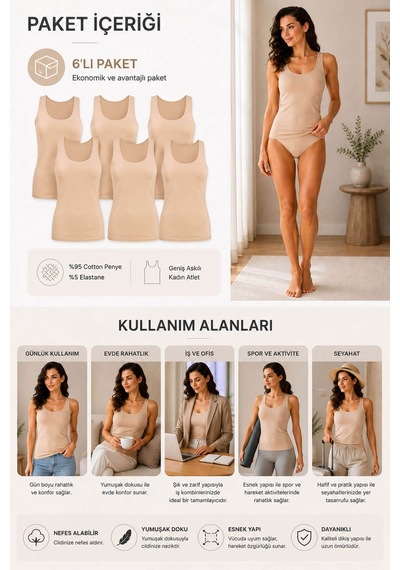 Hepsine Rakip Kadın Likralı Geniş Askılı Pamuklu Atlet 6 Lı Paket Ten
