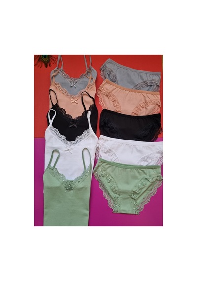 Demirsa Boutique Dantelli İp Askılı 5'li Pudra, Yeşil, Mavi, Siyah Ve Beyaz Renk Kadın Atlet Külot Takım Çok Renkli Demirsa Boutique Dantelli İp Askılı 5'li Pudra, Yeşil, Mavi, Siyah Ve Beyaz Renk Kadın Atlet Külot Takım Çok Renkli