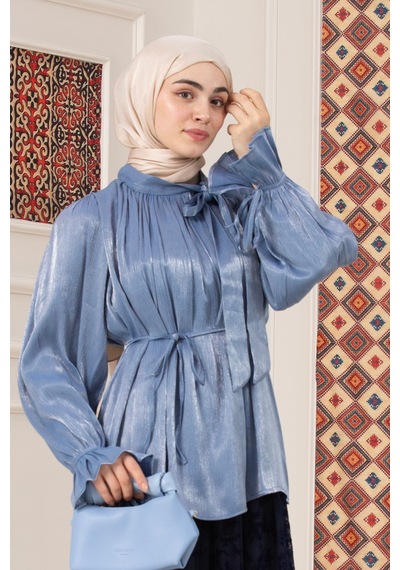 Sevitli Kolu Volanlı Janjan Abiye Bluz-mavi-5765