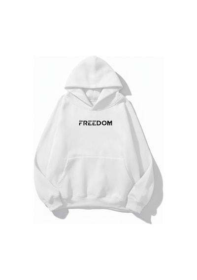 Uyguntarz Unisex Yumuşak Dokulu Freedom Baskılı Tasarım Oversize 3 İplik Hoodie Sweatshirt beyaz