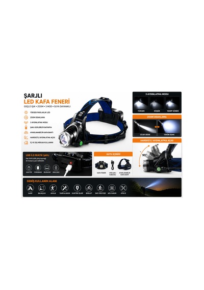 3'lü Şarjlı Led Fener Seti Usb Şarjlı El Feneri Kafa Lambası Kamp Lambası Güçlü Işık Acil Durum Outdoor Beyaz