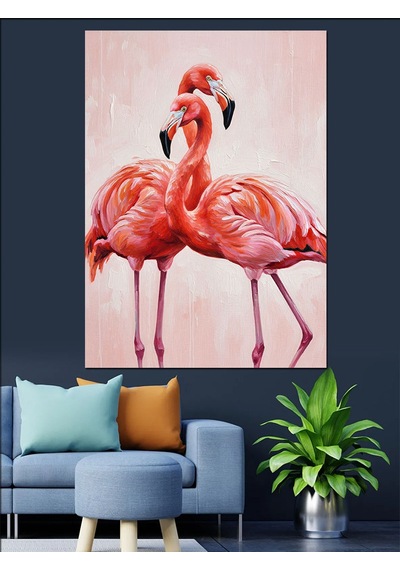 Ahşap Tablo Pembe Flamingo Kuşları Resmi