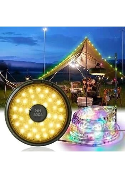 Şarjlı 10 Metre Ledli Şarj Göstergeli 8 Işık Modlu Hareketli Ve Flaşör Modlu Kamp Lambası Led Işık Çok Renkli 86115496