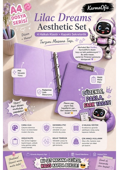 Lilac Dreams Aesthetic Kırtasiye Seti A4 4 Halkalı Klasör + Kapaklı Sekreterlik Pembe Pvc Dosya Organizer