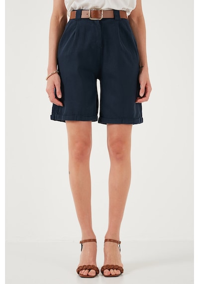 Lela Pamuklu Relaxed Fit Yüksel Bel Kemerli Gabardin Short Bayan Şort 668Yp4710 Lacivert