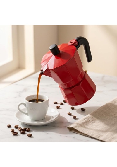 Kırmızı Moka Pot 3 Fincanlık, 180 Ml Alüminyum Espresso Demliği, Ocak Üstü Kahve Cezvesi, Gazlı Elektrikli Seramik Ocak Uyumlu, 9x12x17 Cm
