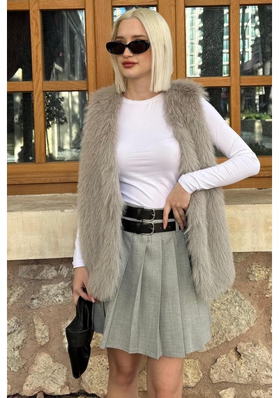 Madmext Gri Pileli İki Kemerli Kadın Etek Mg2246