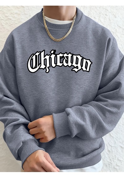 Startmore Tarzsokak Chicago Letter Baskılı Erkek Sweatshirtleri Kışlık Bisiklet Yaka Kapüşonlu Sokak Stili Polar Gri