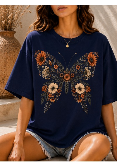 Velaura Studio Çiçekli Kelebek Kadın T-shirt Marin