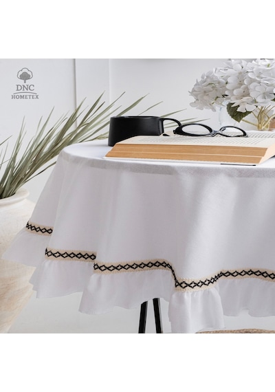 Dnc Home Tekstil Premium Keten Beyaz Fırfırlı Özel Seri Masa Örtüsü Beyaz