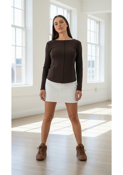 Divinus Kadın Slim Fit Pamuklu Uzun Kollu Bodysuit Kahverengi