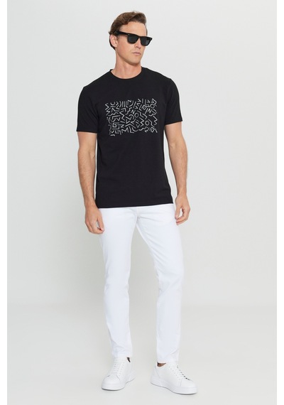 Altınyıldız Classıcs Erkek Sıyah Pamuklu Slim Fit Dar Kesim Bisiklet Yaka Baskılı Esnek Tişört SIYAH