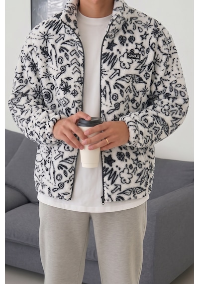 Genius Store Oversize Peluş Tam Fermuarlı Sweatshirt Peluş İçi Polarlı Sherpa Kumaş Sweatshirt Yıldız