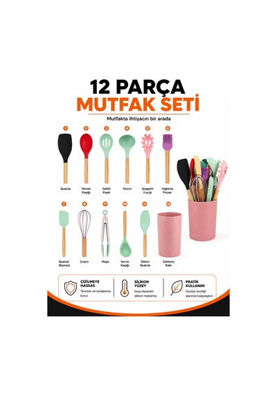 12 Parça Silikon Mutfak Gereçleri Seti Ahşap Saplı, Isıya Dayanıklı, Teflon Ve Granit Tencerelere Uygun Renkli