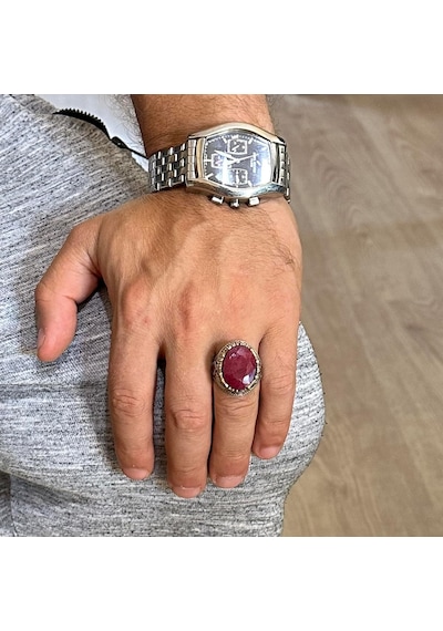 Gerçek Doğal Taş Yüzük - El Yapımı 925 Ayar Gümüş Yüzük - El Yapımı Yüzük Yakut Gümüş