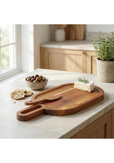 Doğal Akasya Ahşap Oval Peynir Ve Sunum Tahtası 30x14 Cm Saplı Servis Tepsisi, Yanında Özel Ahşap Peynir Bıçağı İle 2 Parça Set Çok Renkli