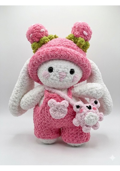 Premium El Örgüsü Sevimli Pembe Tavşan Kadife Dokulu Amigurumi Bebek Ve Hediye Oyuncak Beyaz - Pembe
