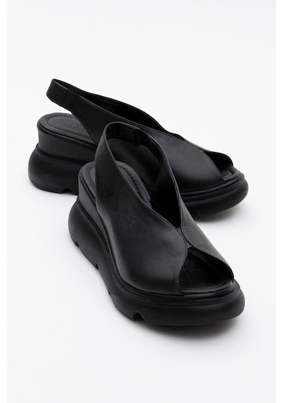 Luvishoes Sam Siyah Cilt Hakiki Deri Kadın Dolgu Topuk Sandalet Siyah Deri