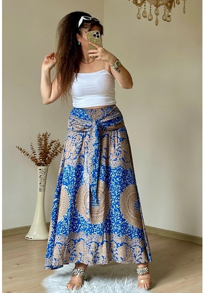 Azra Butik Otantik Desenli Etek Mavi