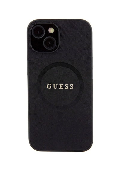 Apple Uyumlu iPhone 15 Kılıf Guess Lisanslı Magsafe Şarj Özellikli Yazı Logo Saffiano Kapak Siyah