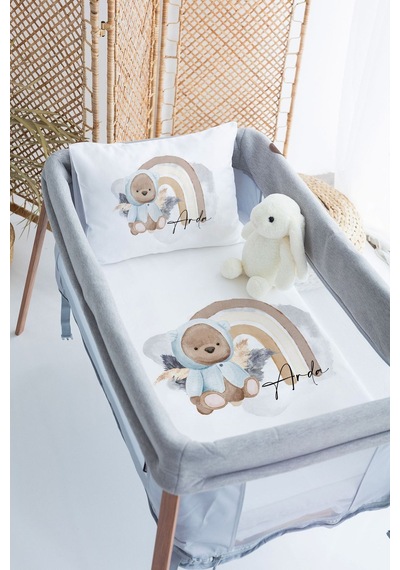 %100 Pamuk Saten İsme Özel 70x120 Park Yatak Nevresim Seti Mavi Ayıcık