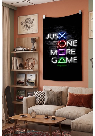 Just One More Game Duvar Örtüsü, Gamer Oda Dekoru, Oyuncu Baskılı Kumaş Duvar Halısı Beyaz