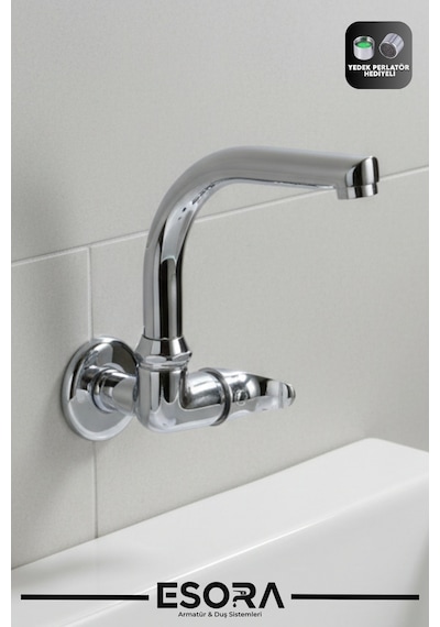 Duvardan Tek Su Çıkışlı Balık Sırtı Oynar Borulu Lavabo Musluk Bataryası Çeşmesi Krom