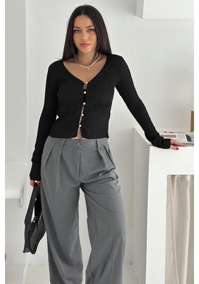 Noa & Noa Kadın Düğme Detaylı Fit Triko Bluz Zarif & Modern Stil Siyah