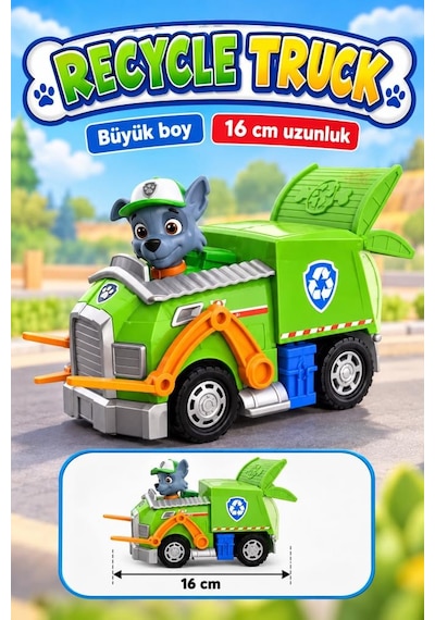 Paw-petrol Sevimli Rocky Figür Büyük Boy Geri Dönüşüm Kamyonu Ve Figürlü Oyuncak Araç 16 Cm